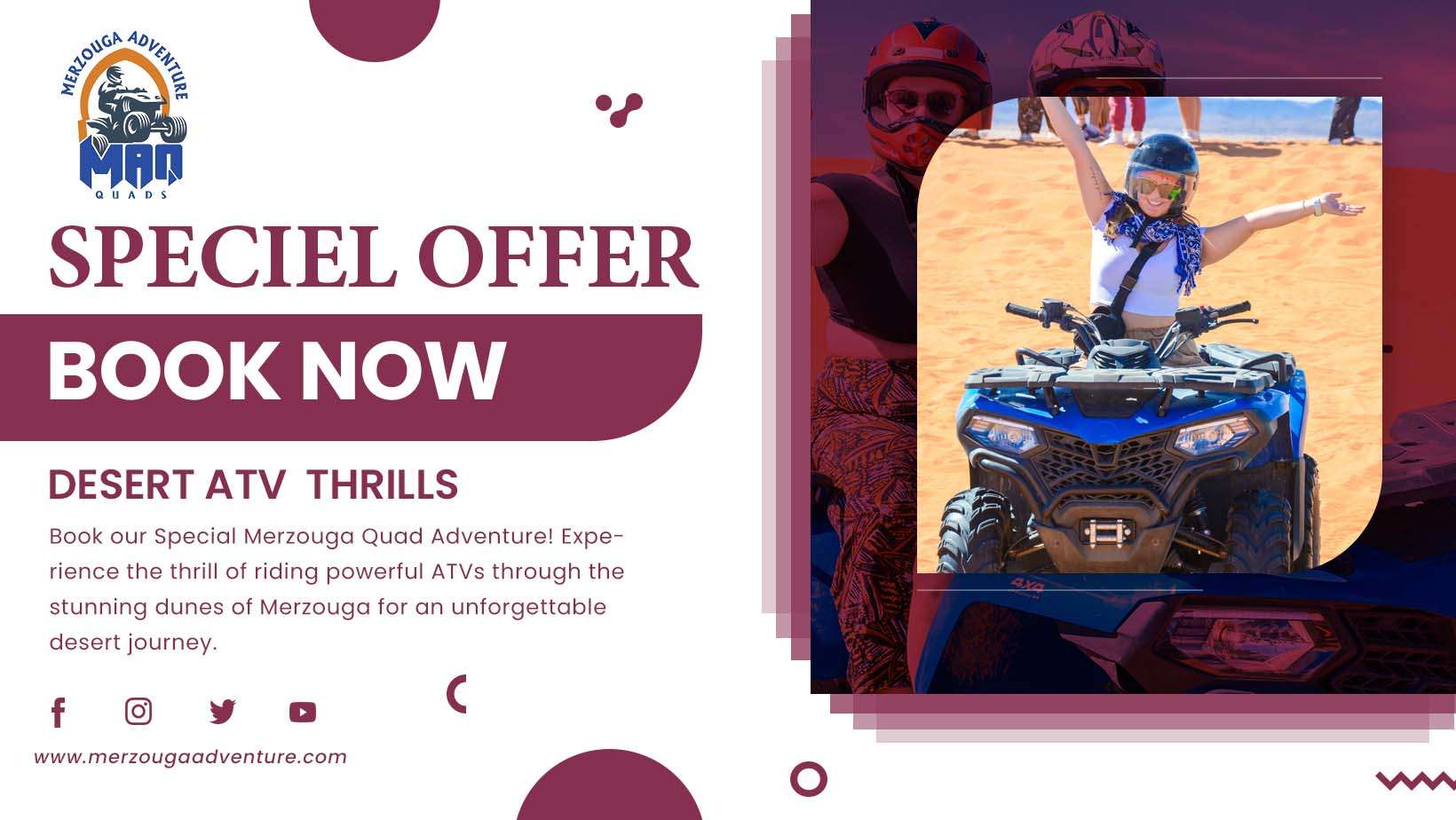 SPECIAL OFFER An adventurous traveler experiencing the thrill of a Merzouga Quad ride across the golden dunes of the Sahara Desert. The scene captures the excitement of ATV Quad Merzouga rides, offering a stunning view of the vast desert landscape with towering sand dunes in the background.<br />